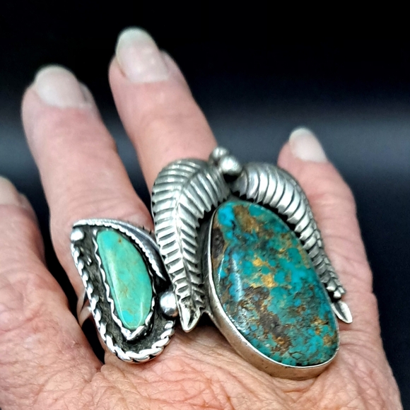 Huge Lone Mountain Turquoise Native American Ring 8 Stamped MF 34.3g - Picture 8 of 8